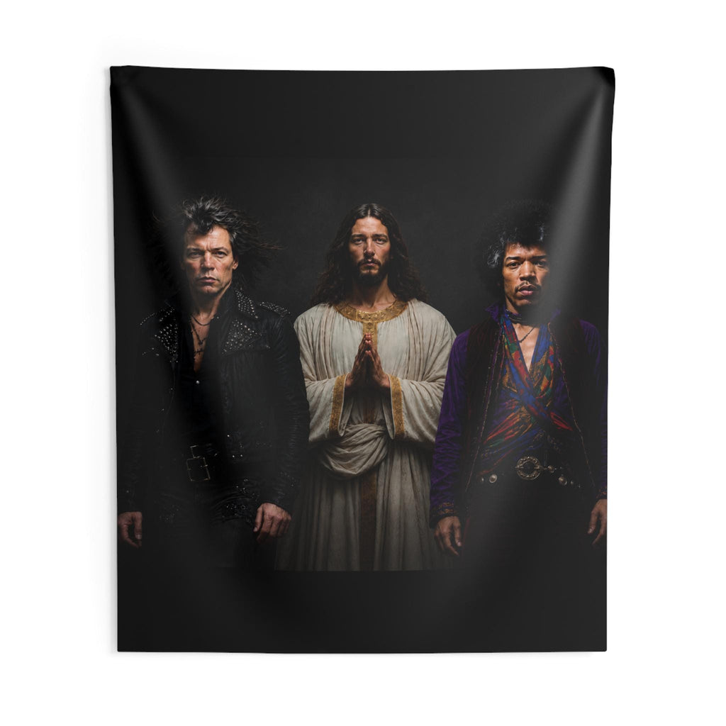 Triston Original- Prayerful Figure with Two Musicians Indoor Wall Tapestry | Dark Portrait Art
