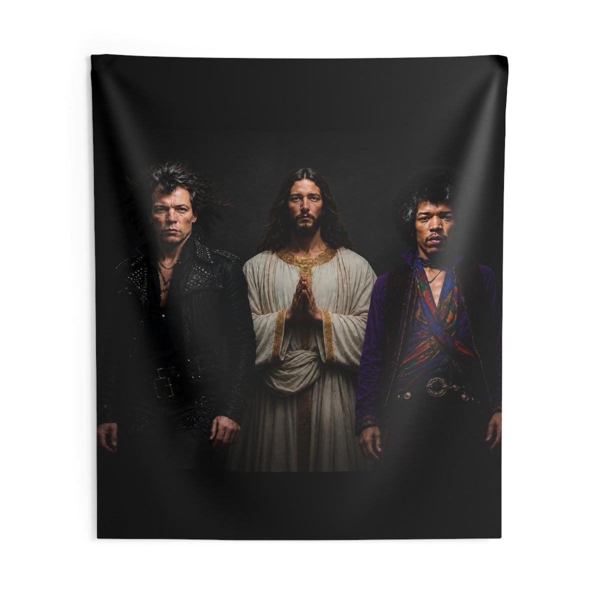 Triston Original- Prayerful Figure with Two Musicians Indoor Wall Tapestry | Dark Portrait Art