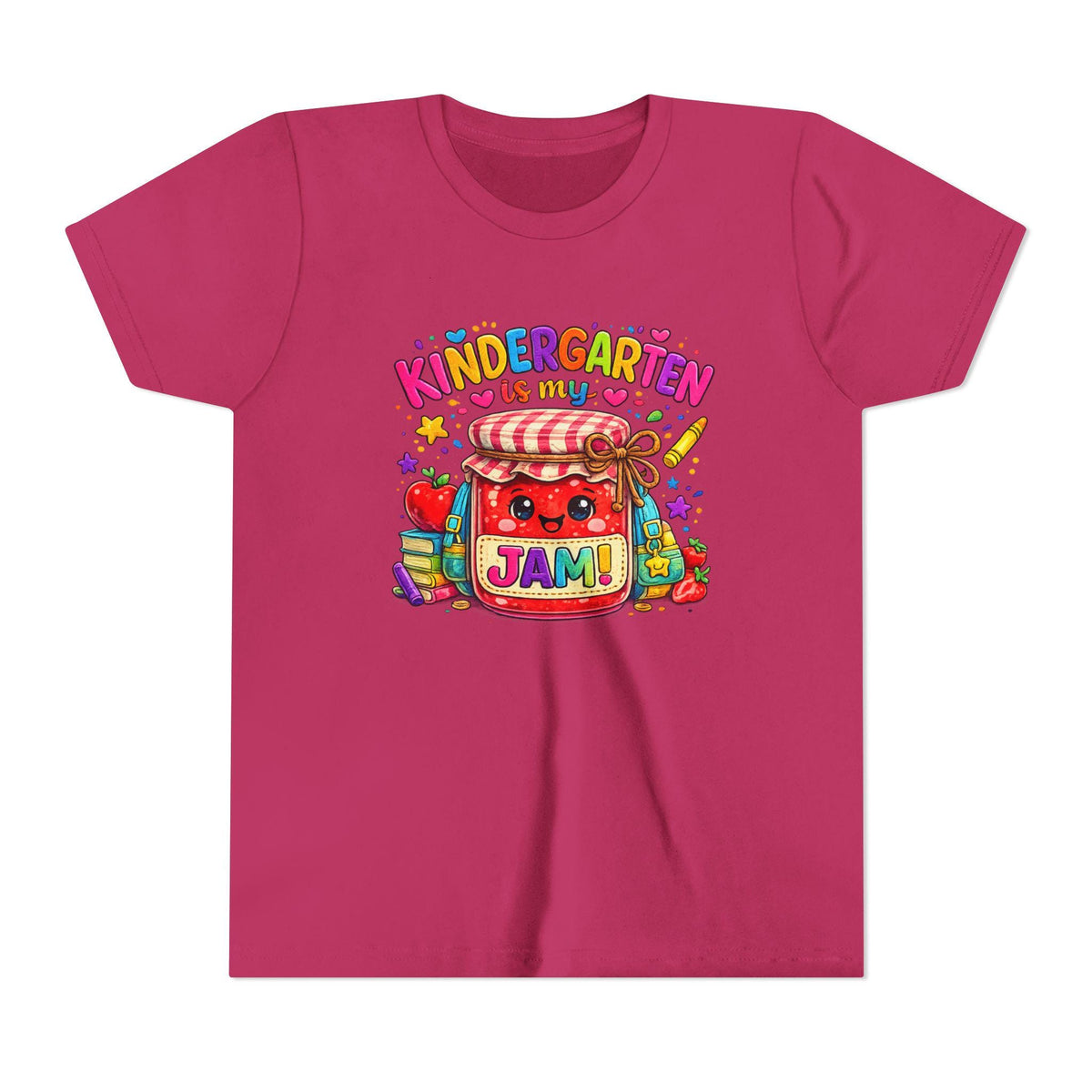 Youth Tee: Kindergarten Is My Jam | Back-to-School Jam Jar, Apple, Crayons