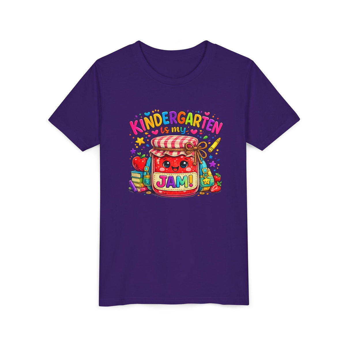 Youth Tee: Kindergarten Is My Jam | Back-to-School Jam Jar, Apple, Crayons