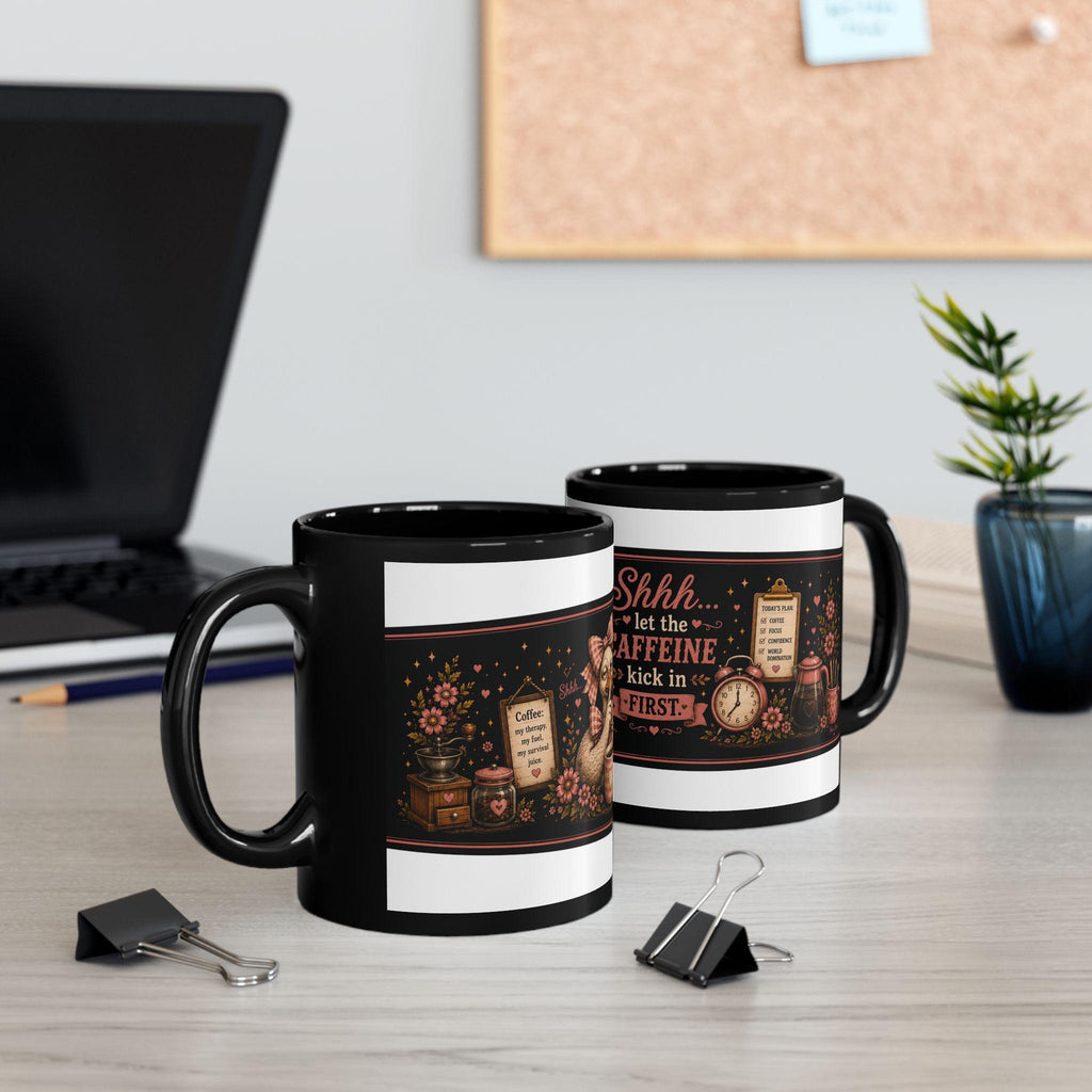 Grumpy Duck with Coffee mug | Shhh Let the Caffeine Kick First black mug