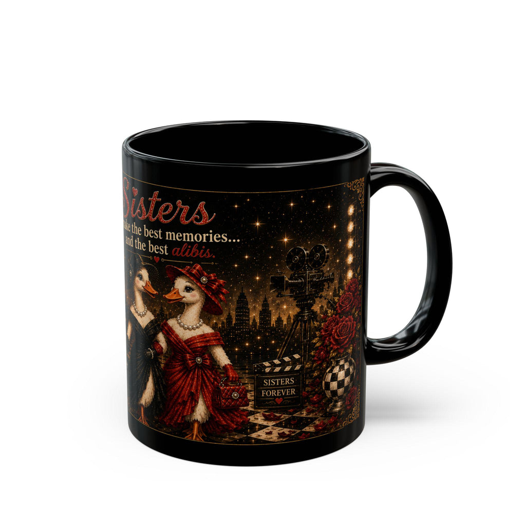 Sisters Illustration Mug | Vintage Theater Style Black Ceramic Coffee Cup