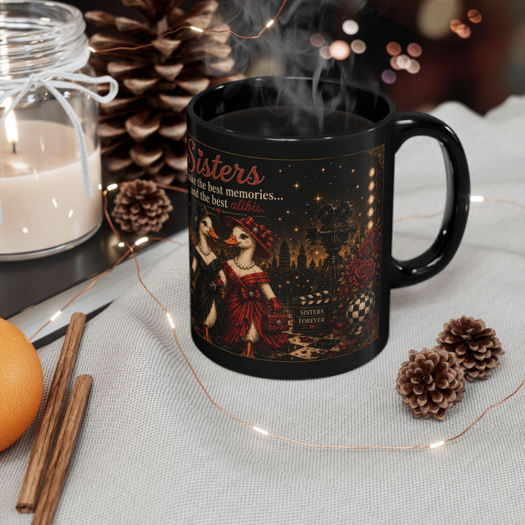 Sisters Illustration Mug | Vintage Theater Style Black Ceramic Coffee Cup