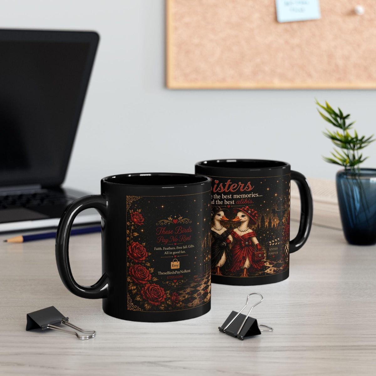 Sisters Illustration Mug | Vintage Theater Style Black Ceramic Coffee Cup
