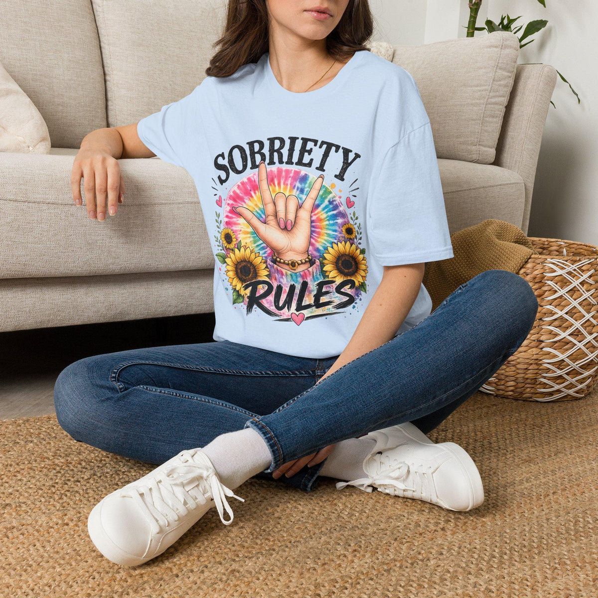 Sobriety Hand Sign T-Shirt | Tie Dye Sunflower Design
