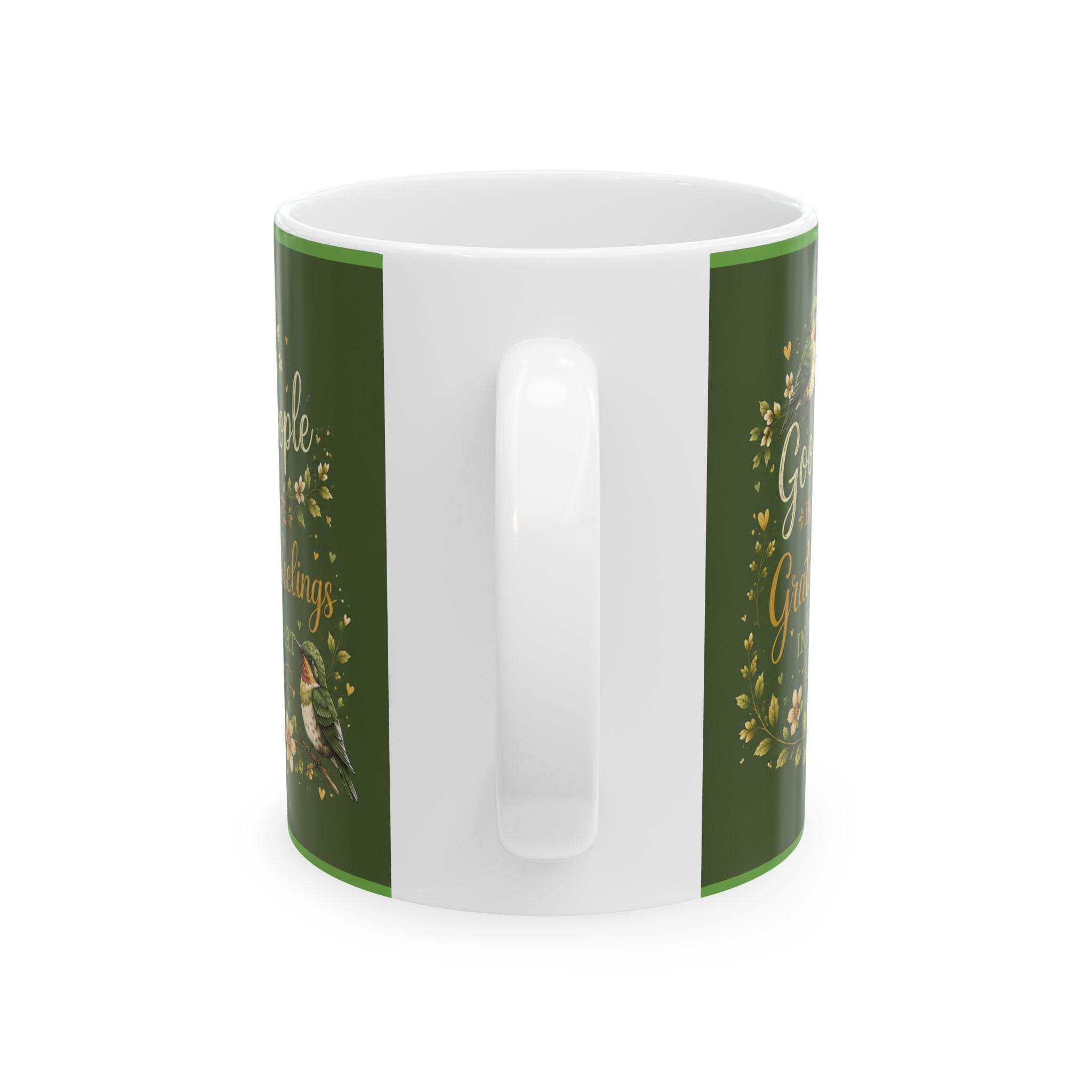 Ceramic Mug | Good People Grateful Feelings Quote, Floral Bird Design