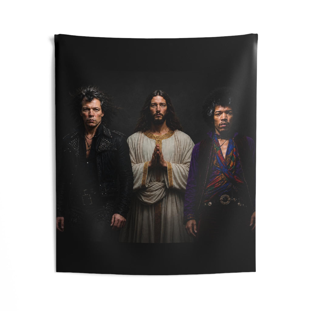 Triston Original- Prayerful Figure with Two Musicians Indoor Wall Tapestry | Dark Portrait Art