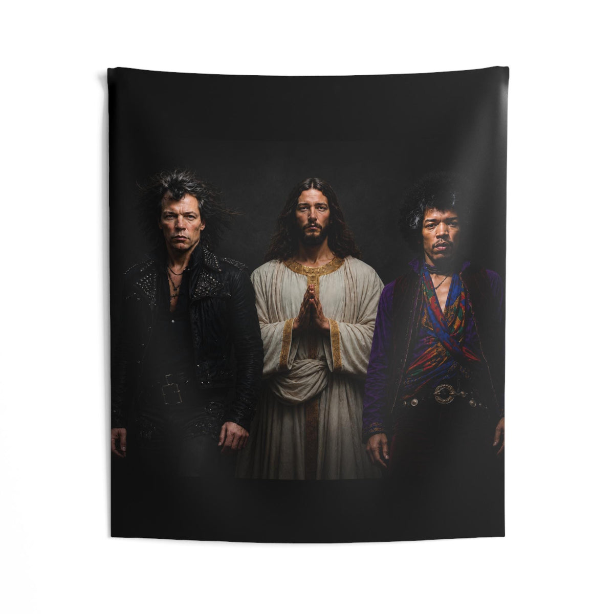 Triston Original- Prayerful Figure with Two Musicians Indoor Wall Tapestry | Dark Portrait Art