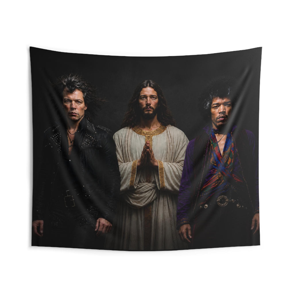 Triston Original- Prayerful Figure with Two Musicians Indoor Wall Tapestry | Dark Portrait Art