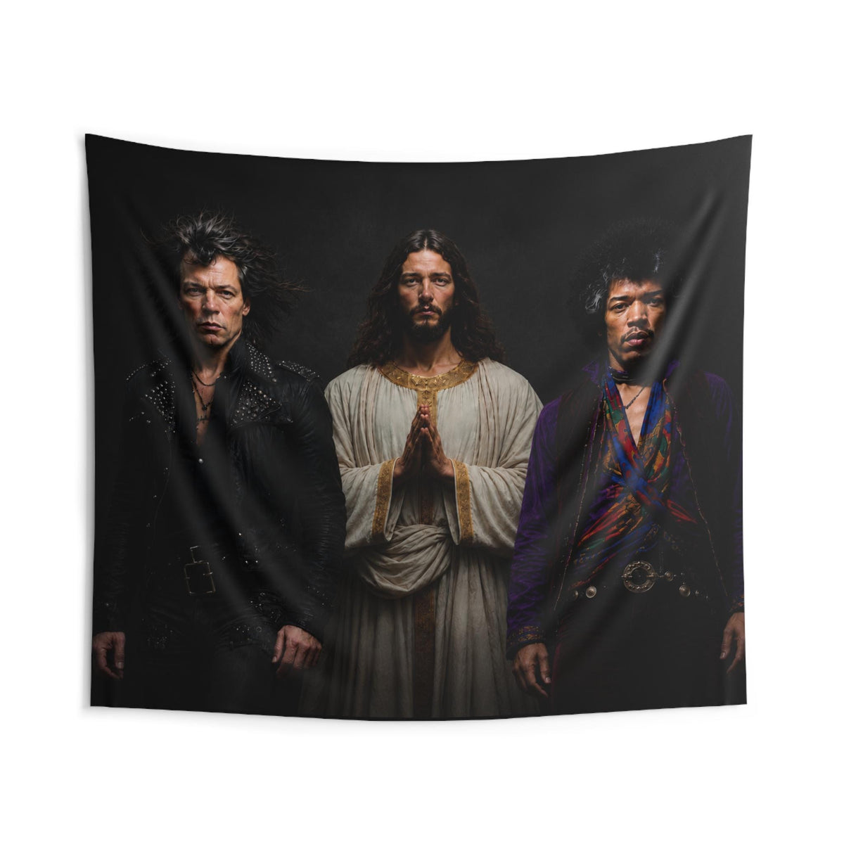 Triston Original- Prayerful Figure with Two Musicians Indoor Wall Tapestry | Dark Portrait Art