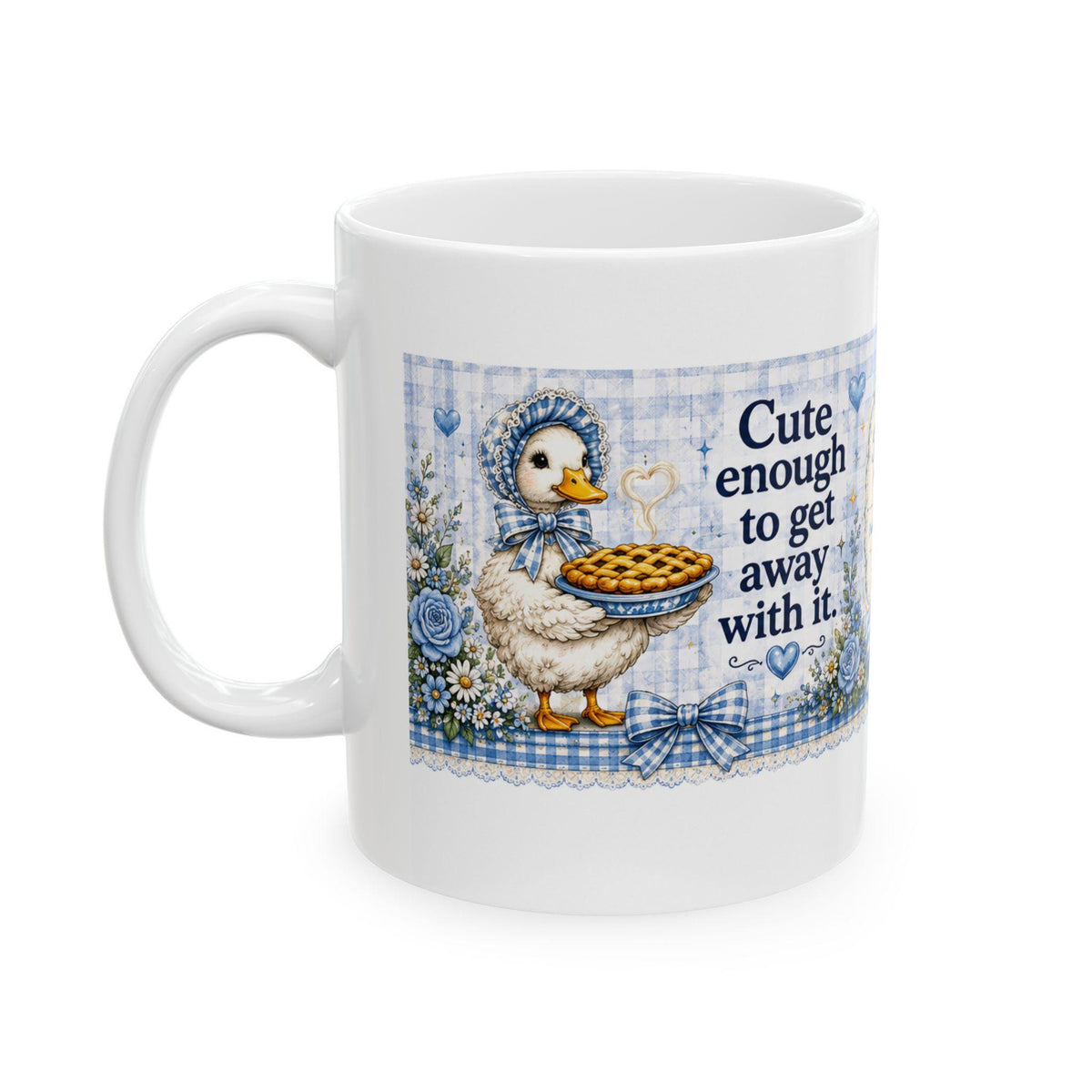 Duck with Pie Mug | Whimsical Gingham Ceramic Coffee Cup