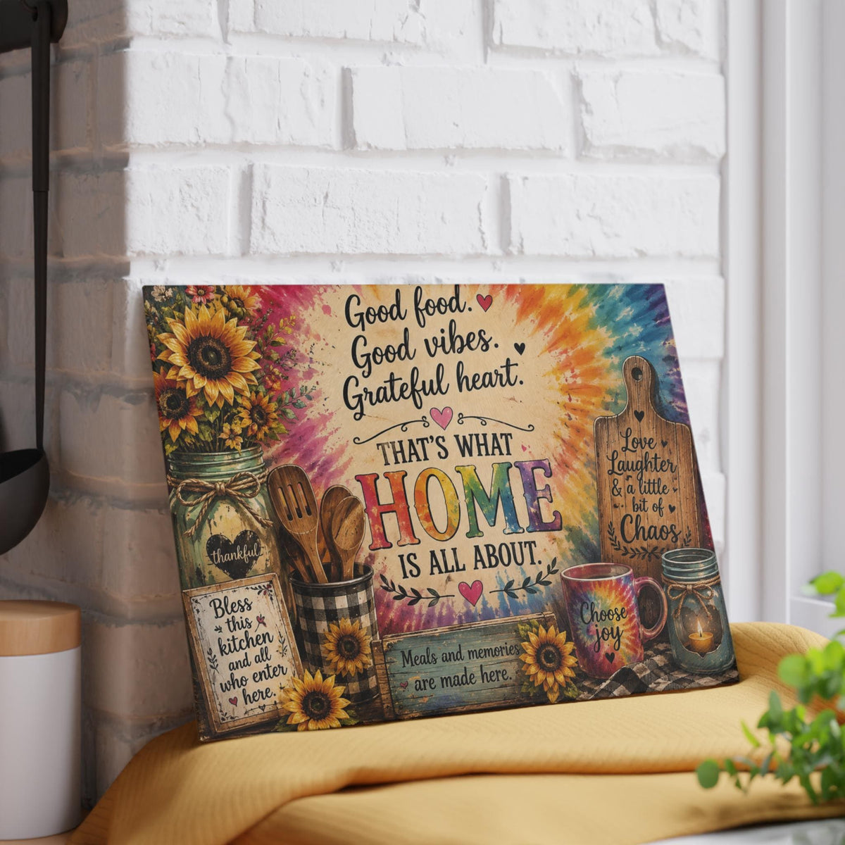 Grateful Heart Home design Glass Cutting Board | Sunflowers, Tie-Dye, Kitchen Decor