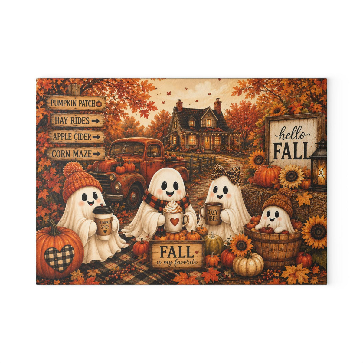 Fall Ghost Scene Glass Cutting Board | Autumn Pumpkins, Sunflowers, Vintage Truck