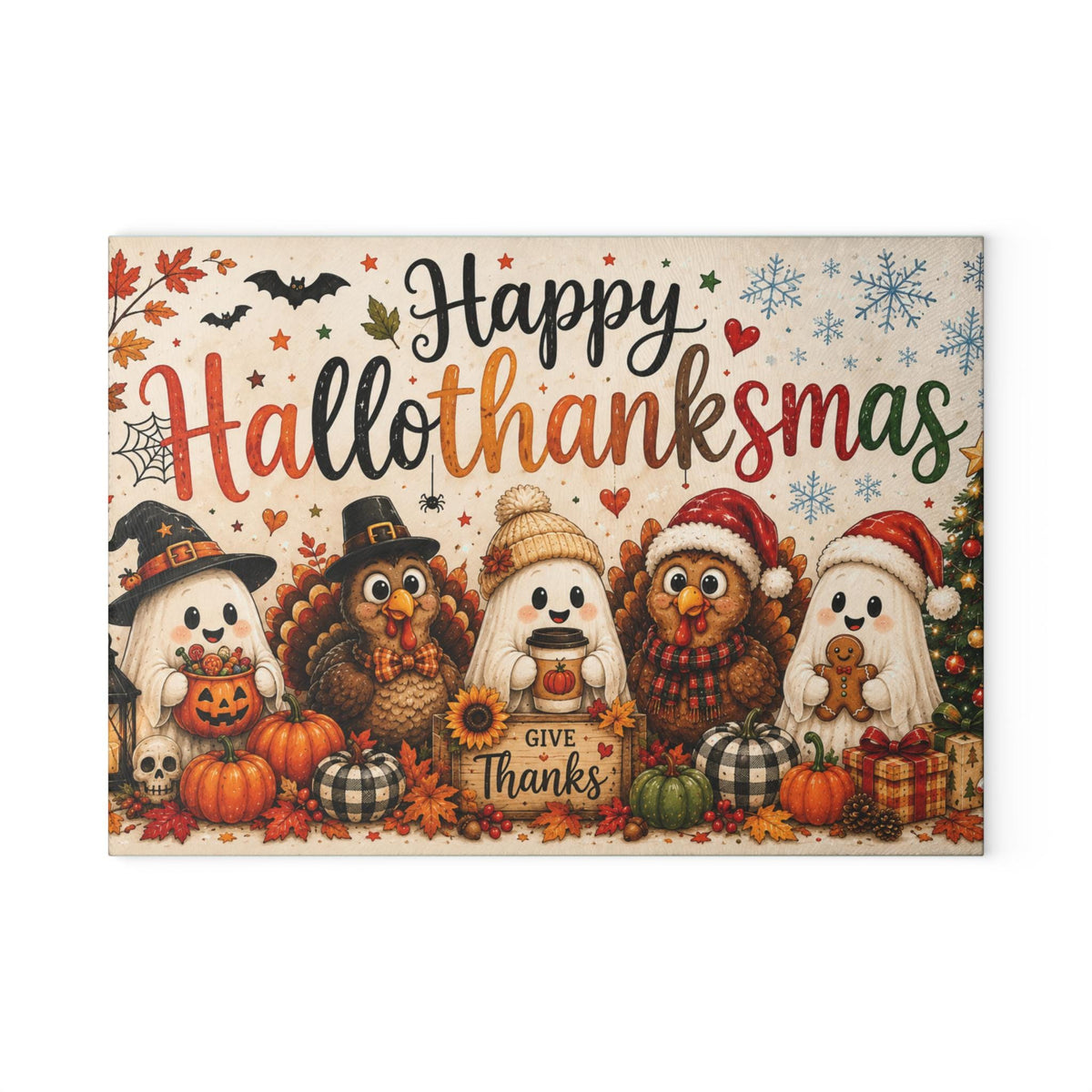 Happy Hallothanksmas Glass Cutting Board | Fall Thanksgiving Christmas Decor