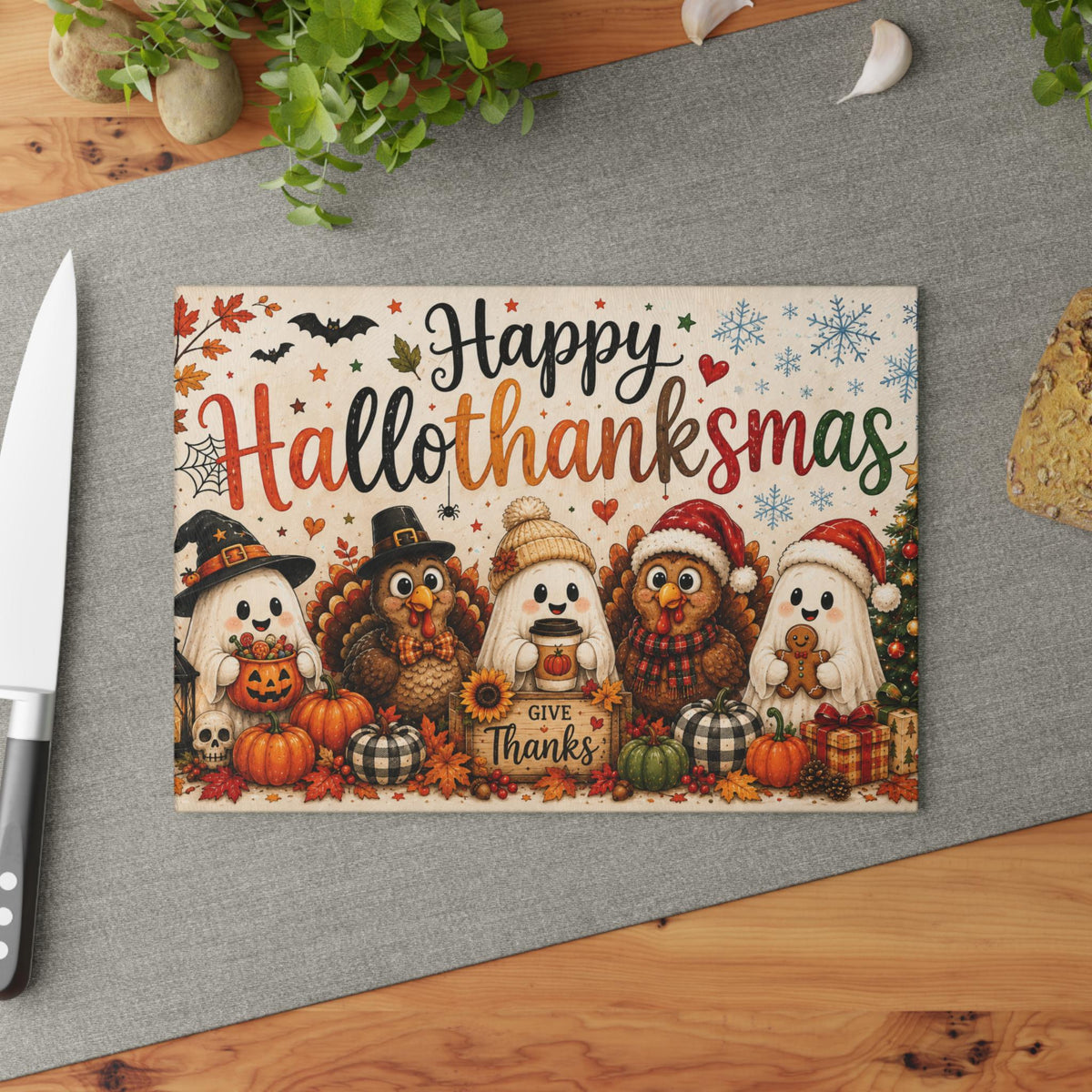 Happy Hallothanksmas Glass Cutting Board | Fall Thanksgiving Christmas Decor