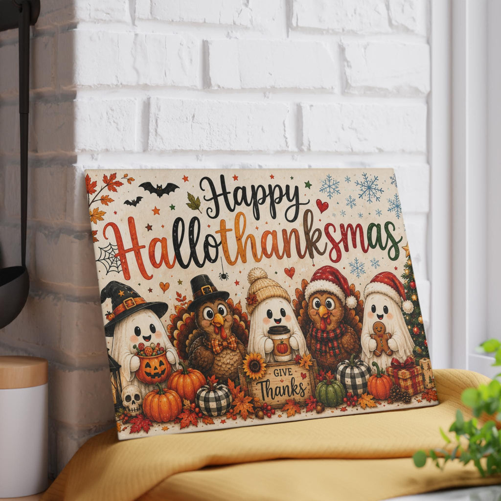 Happy Hallothanksmas Glass Cutting Board | Fall Thanksgiving Christmas Decor