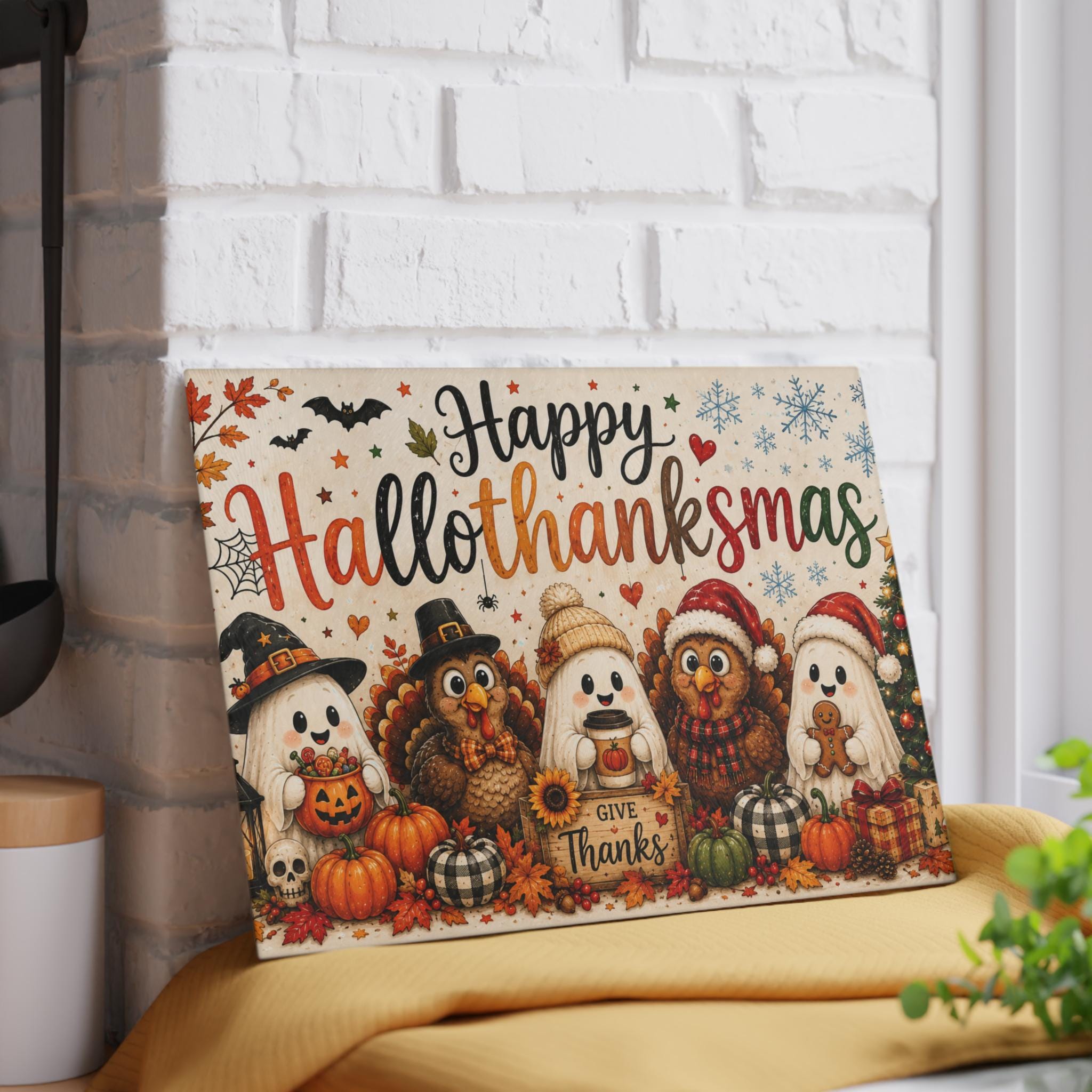 Happy Hallothanksmas Glass Cutting Board | Fall Thanksgiving Christmas Decor