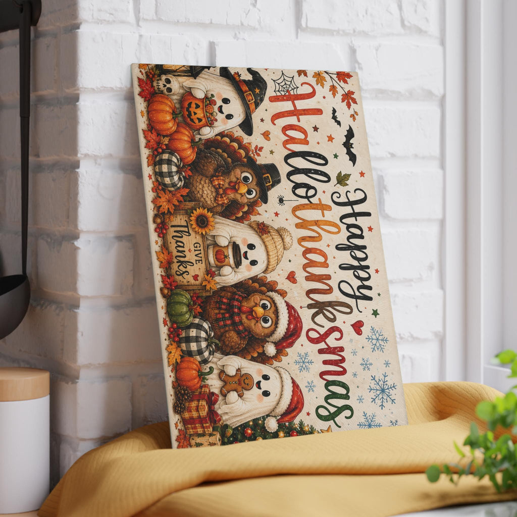Happy Hallothanksmas Glass Cutting Board | Fall Thanksgiving Christmas Decor