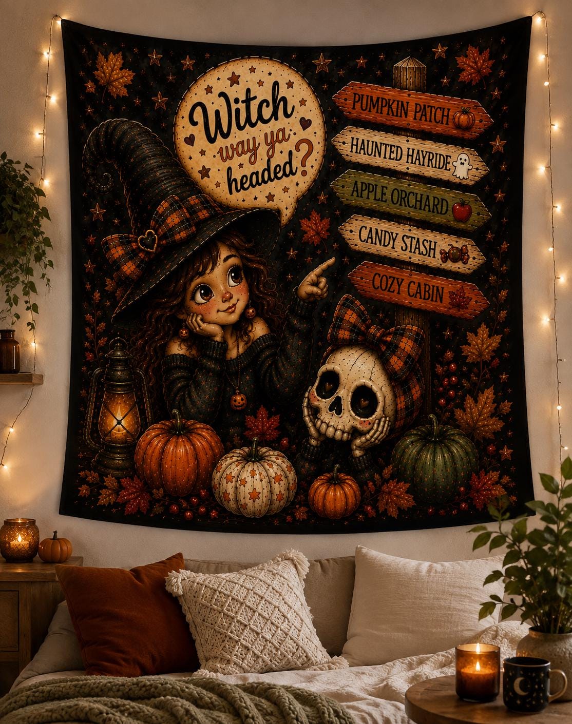 Witch Way Ya Headed? Indoor Wall Tapestry | Halloween Pumpkin Patch Signpost