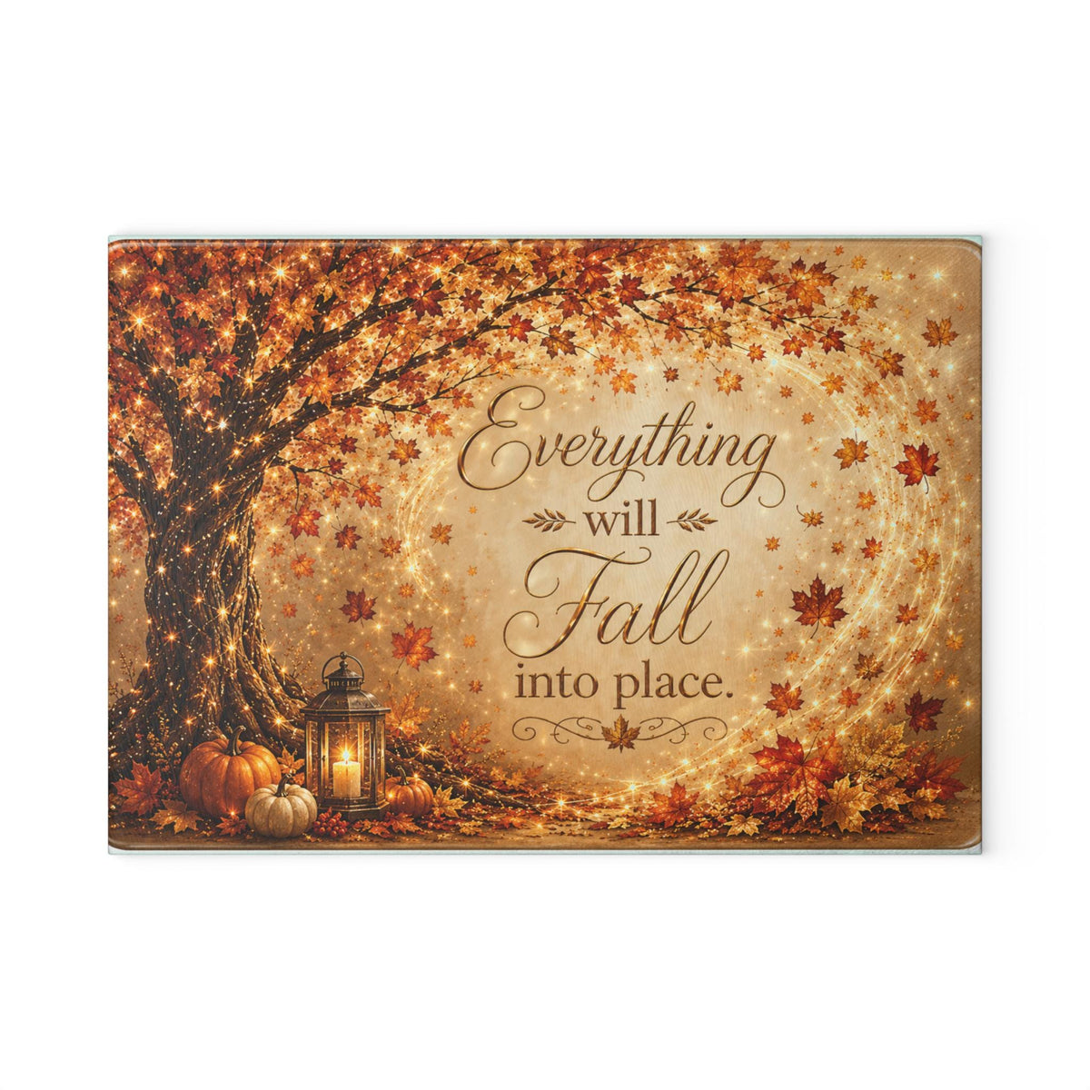 Everything Will Fall Into Place glass cutting board | Autumn tree, pumpkins, lantern