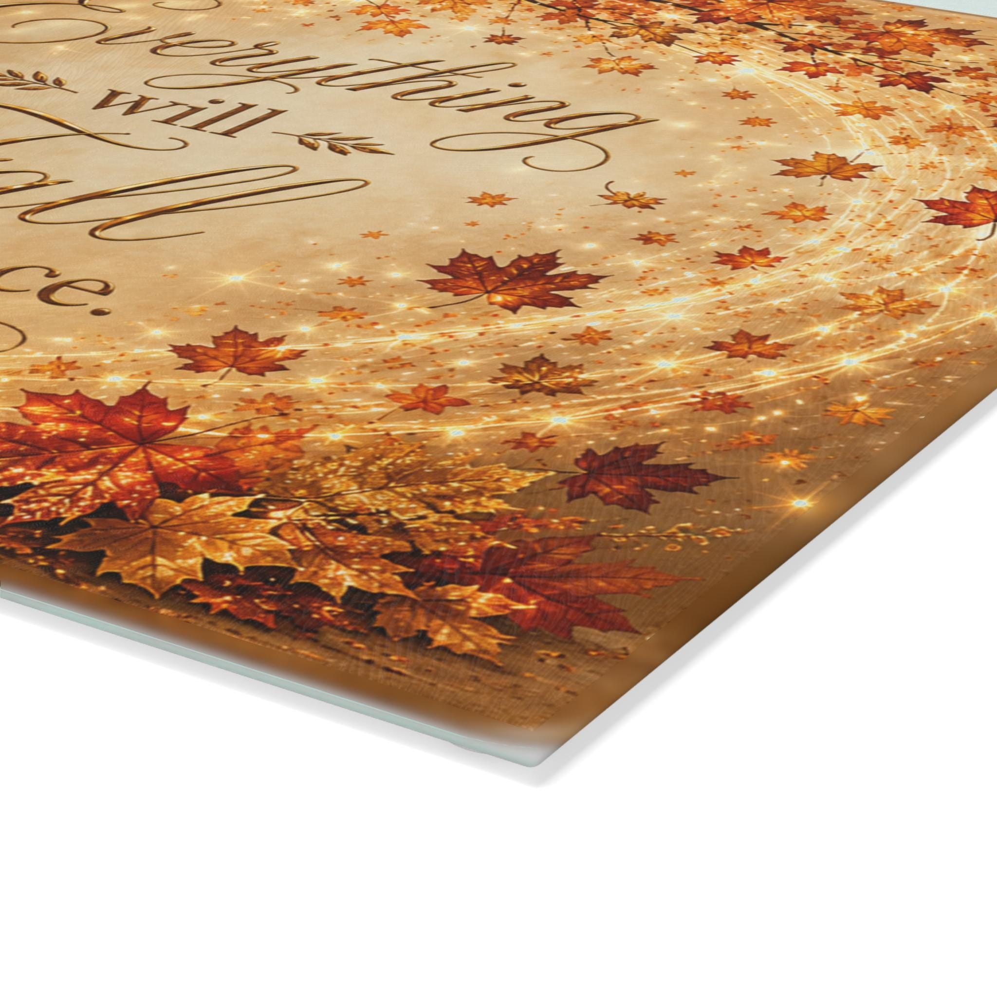 Everything Will Fall Into Place glass cutting board | Autumn tree, pumpkins, lantern