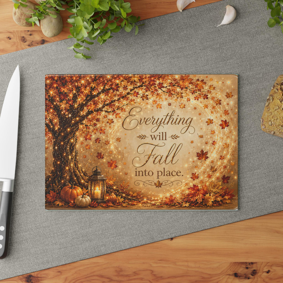 Everything Will Fall Into Place glass cutting board | Autumn tree, pumpkins, lantern
