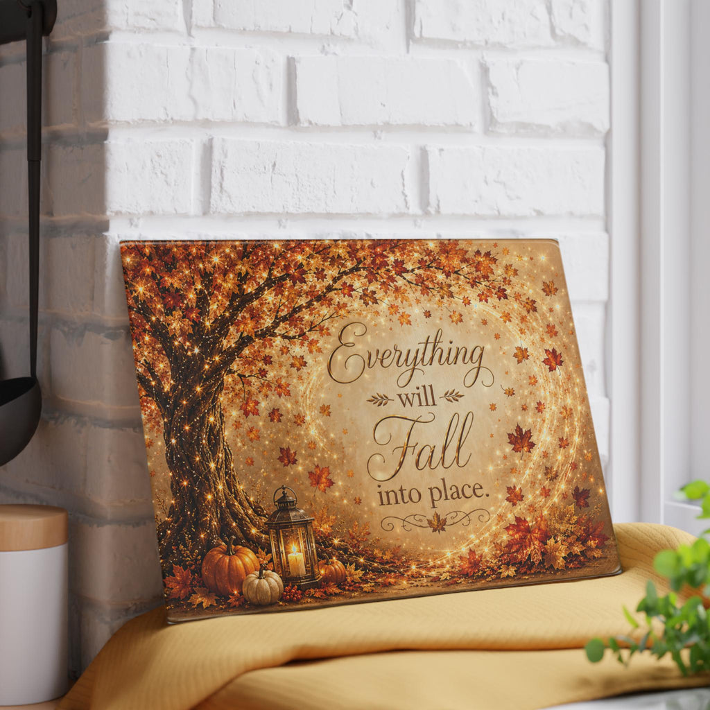 Everything Will Fall Into Place glass cutting board | Autumn tree, pumpkins, lantern