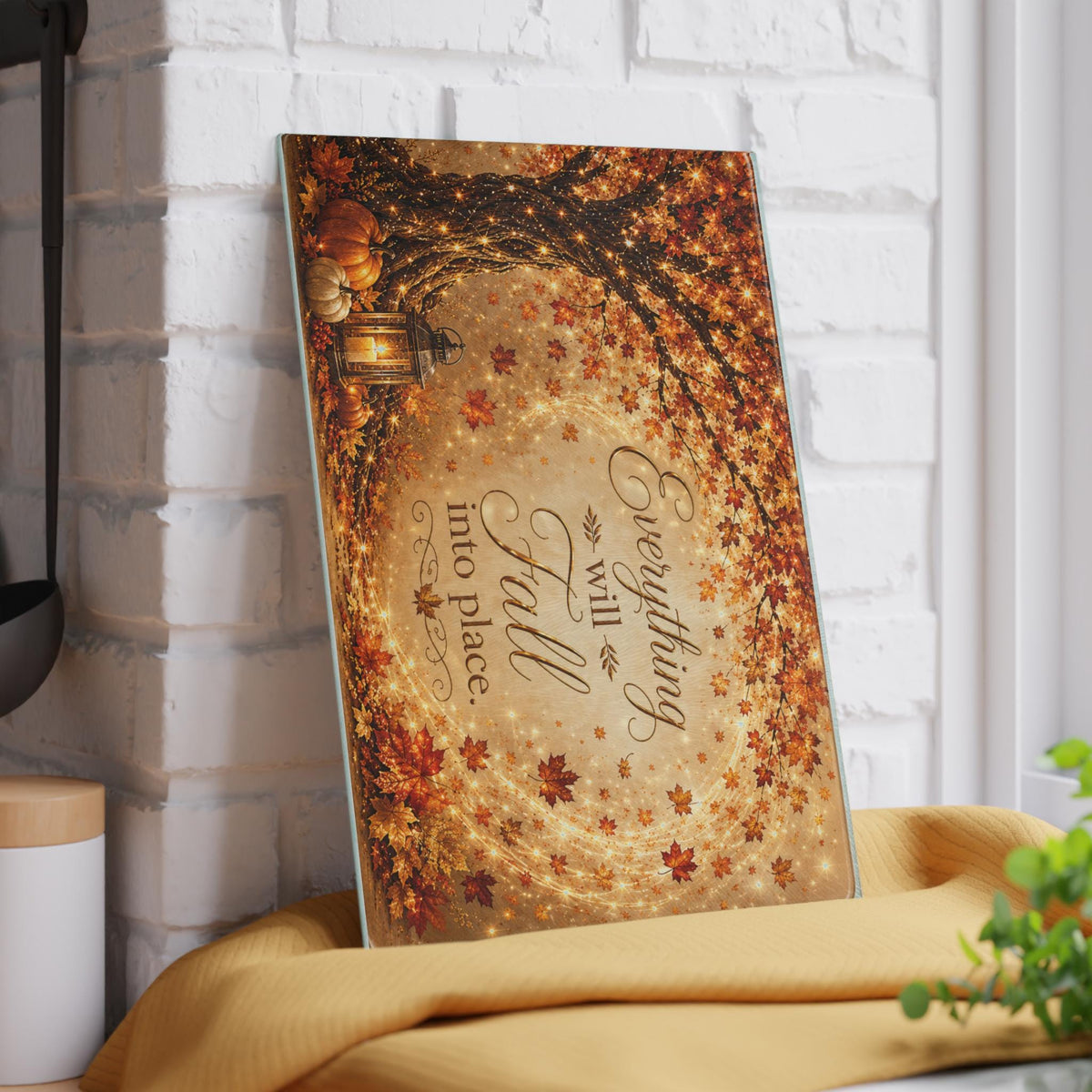 Everything Will Fall Into Place glass cutting board | Autumn tree, pumpkins, lantern