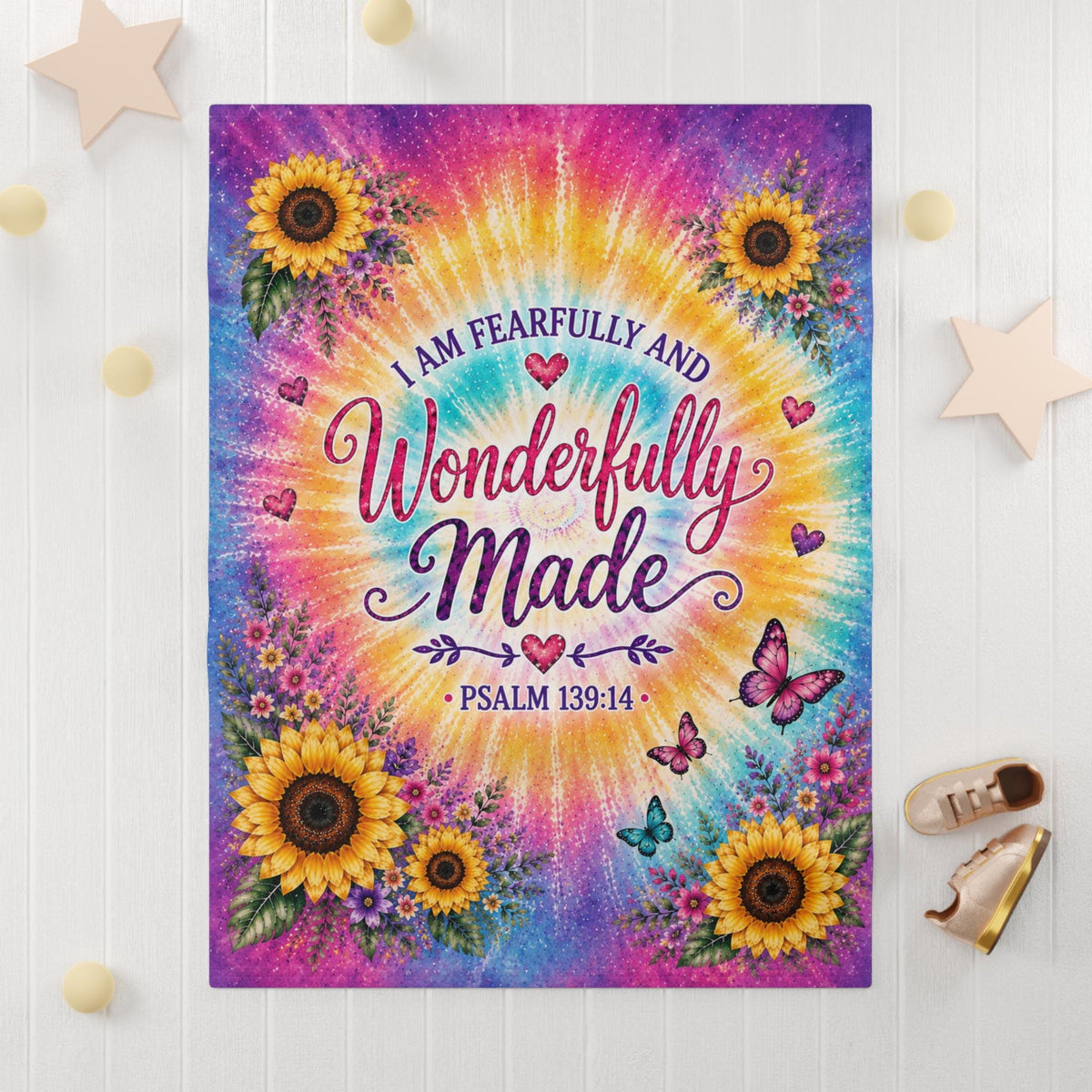 Wonderfully Made Psalm 139:14 Baby Blanket | Tie-Dye Sunflower Christian Nursery