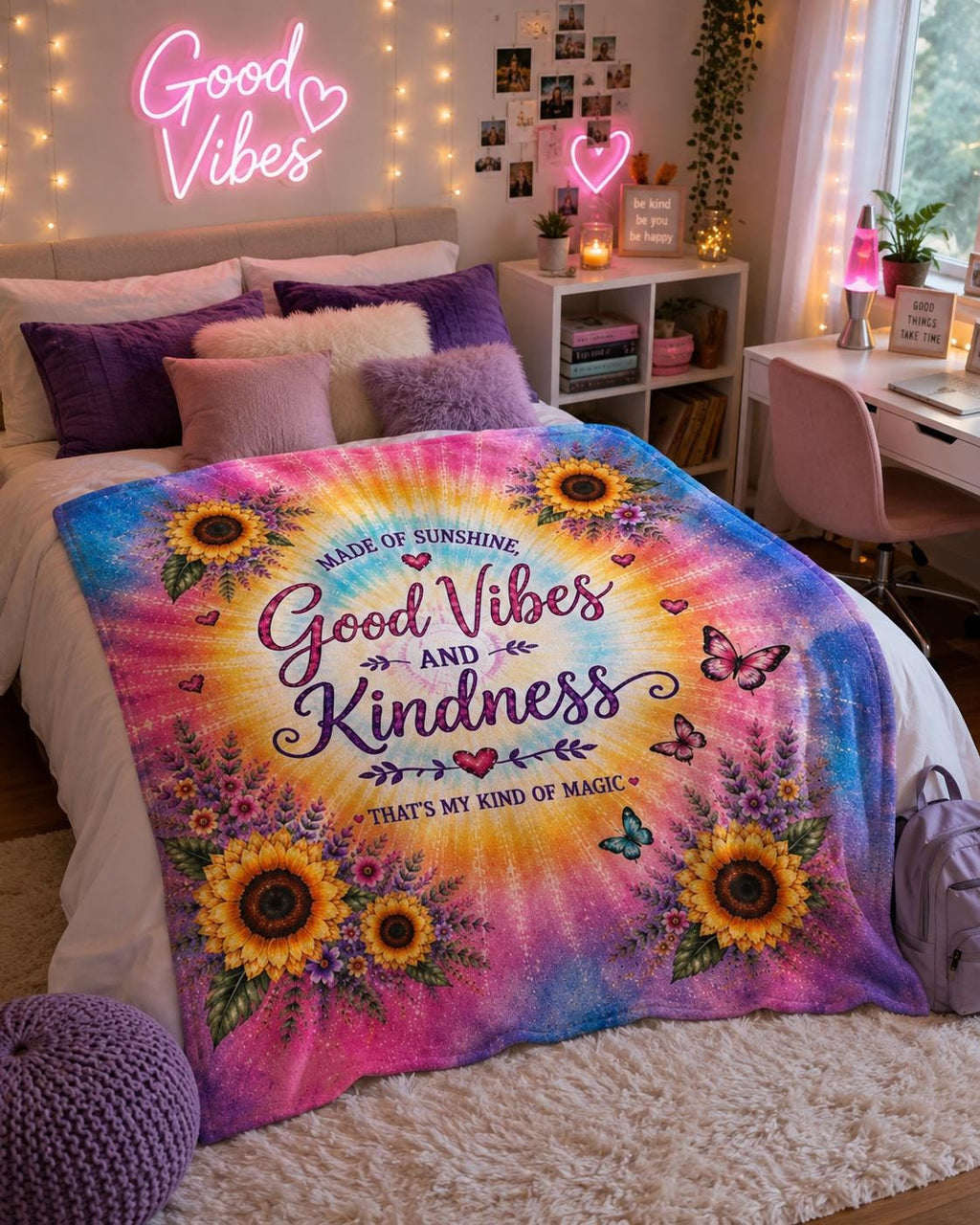 Good Vibes and Kindness Velveteen Plush Blanket | Sunflowers Tie-Dye