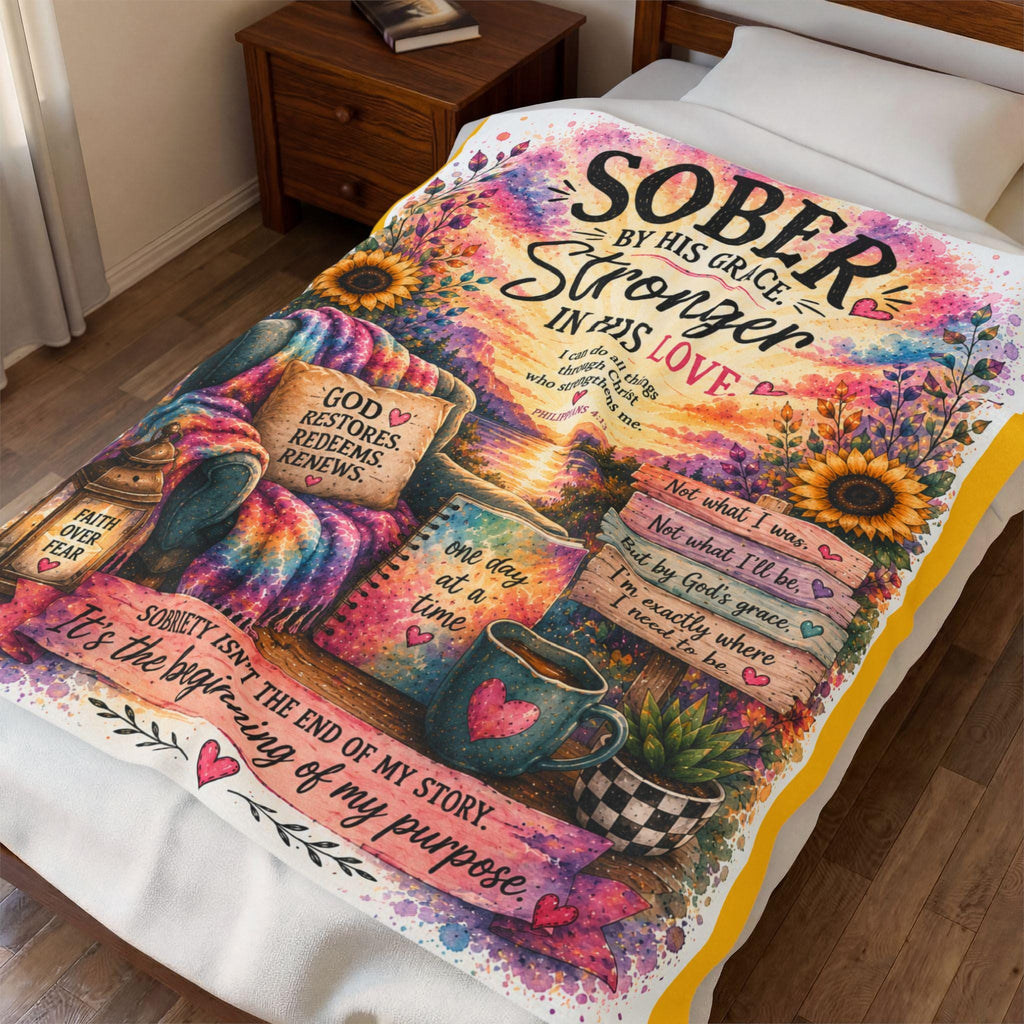Sober By His Grace inspirational quote Velveteen Plush Blanket | recovery faith decor