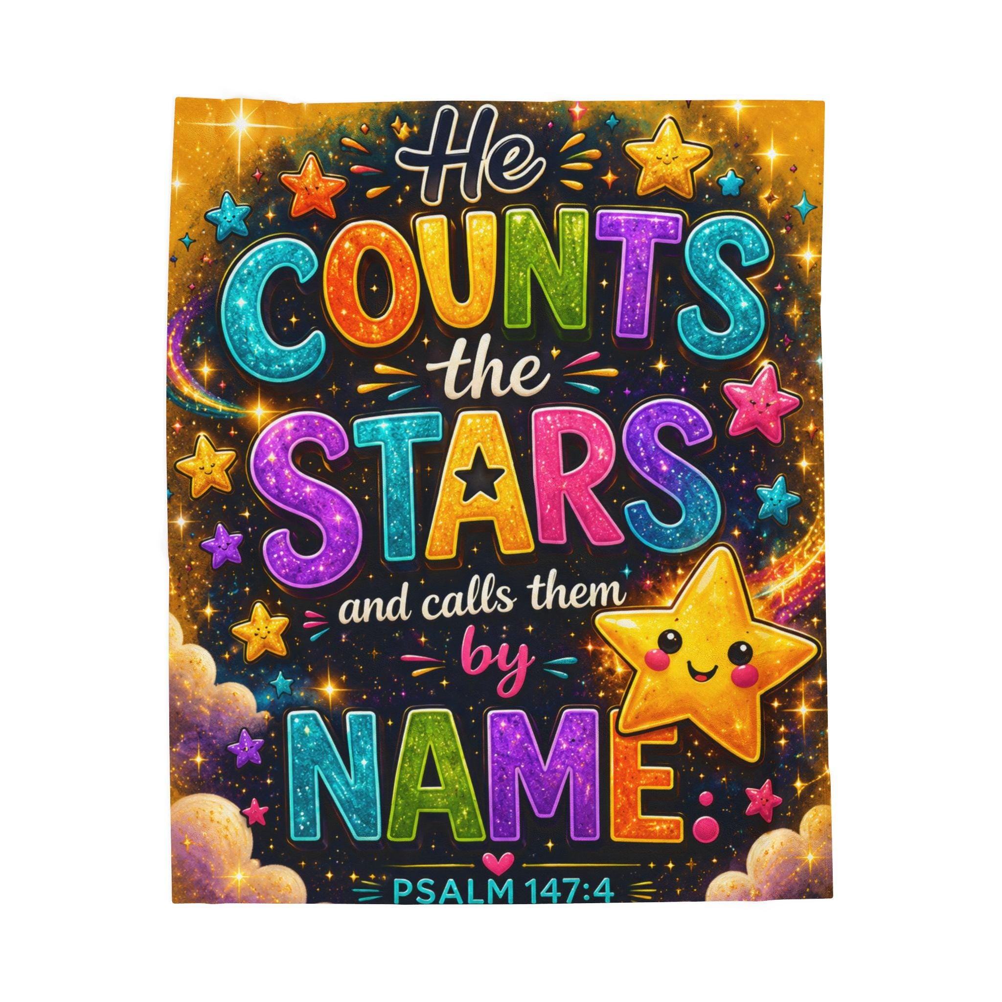 He Counts the Stars Psalm 147:4 Velveteen Blanket | Whimsical Star Scripture Throw