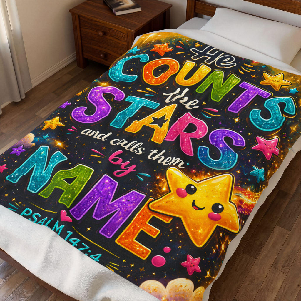 He Counts the Stars Psalm 147:4 Velveteen Blanket | Whimsical Star Scripture Throw