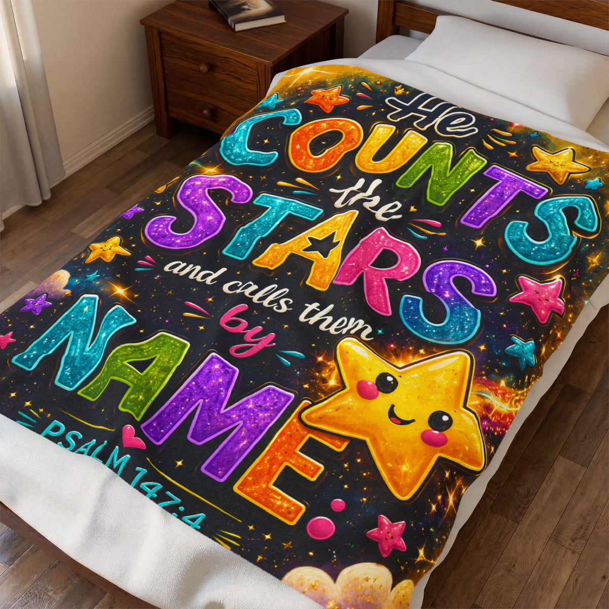 He Counts the Stars Psalm 147:4 Velveteen Blanket | Whimsical Star Scripture Throw