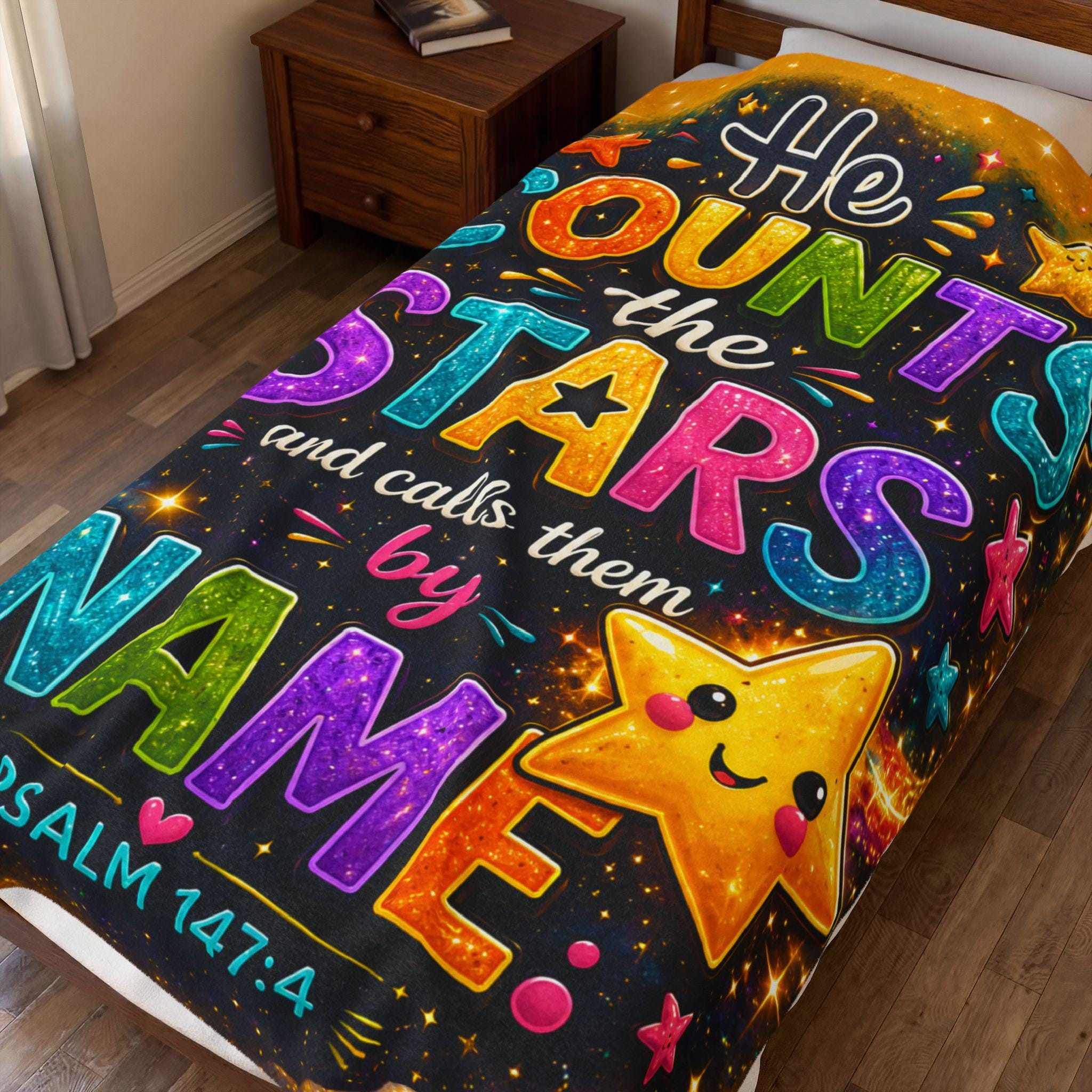 He Counts the Stars Psalm 147:4 Velveteen Blanket | Whimsical Star Scripture Throw