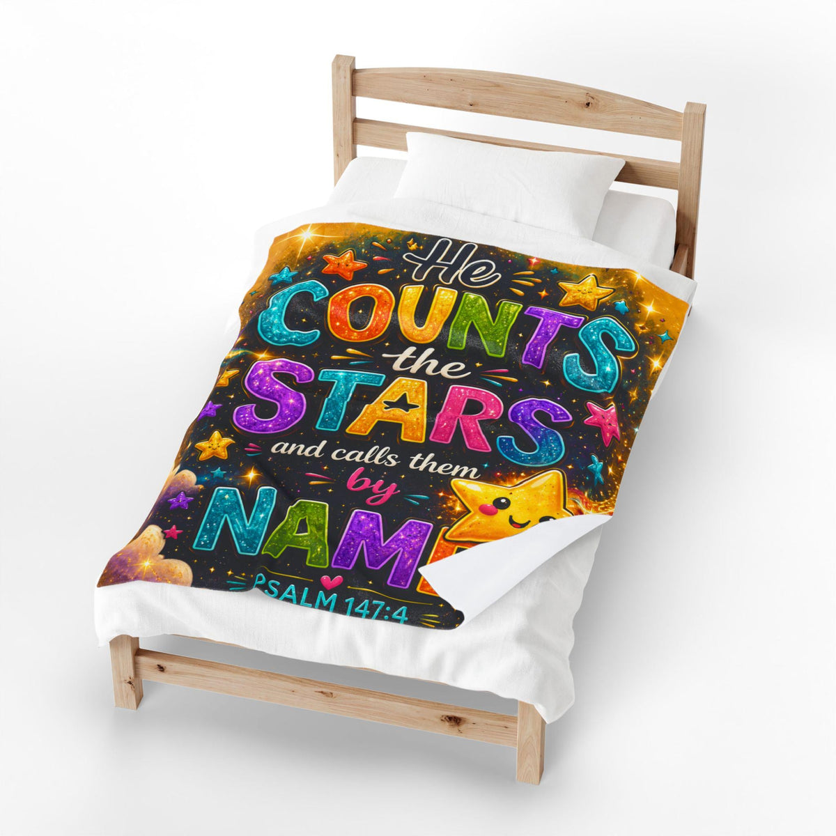 He Counts the Stars Psalm 147:4 Velveteen Blanket | Whimsical Star Scripture Throw