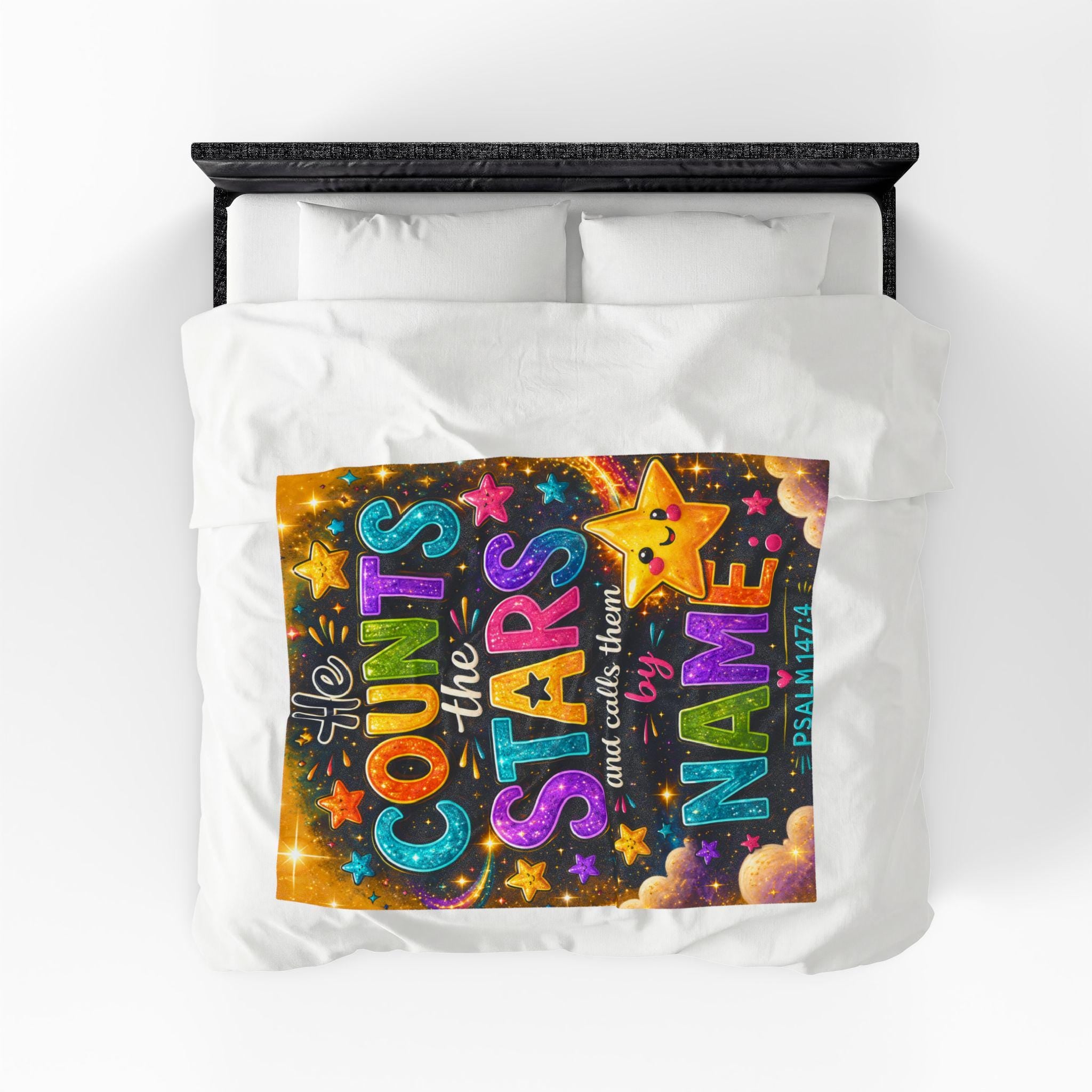 He Counts the Stars Psalm 147:4 Velveteen Blanket | Whimsical Star Scripture Throw