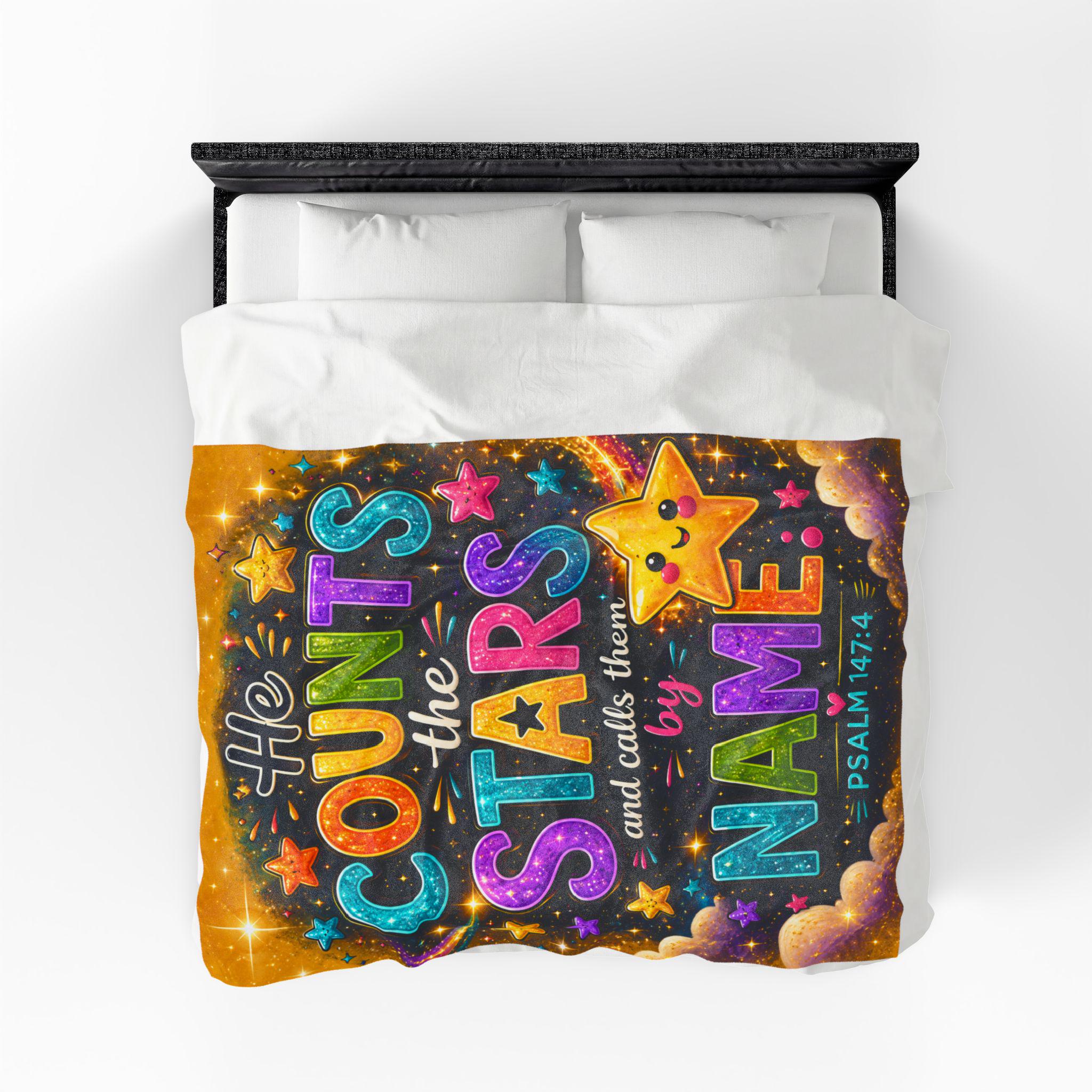He Counts the Stars Psalm 147:4 Velveteen Blanket | Whimsical Star Scripture Throw
