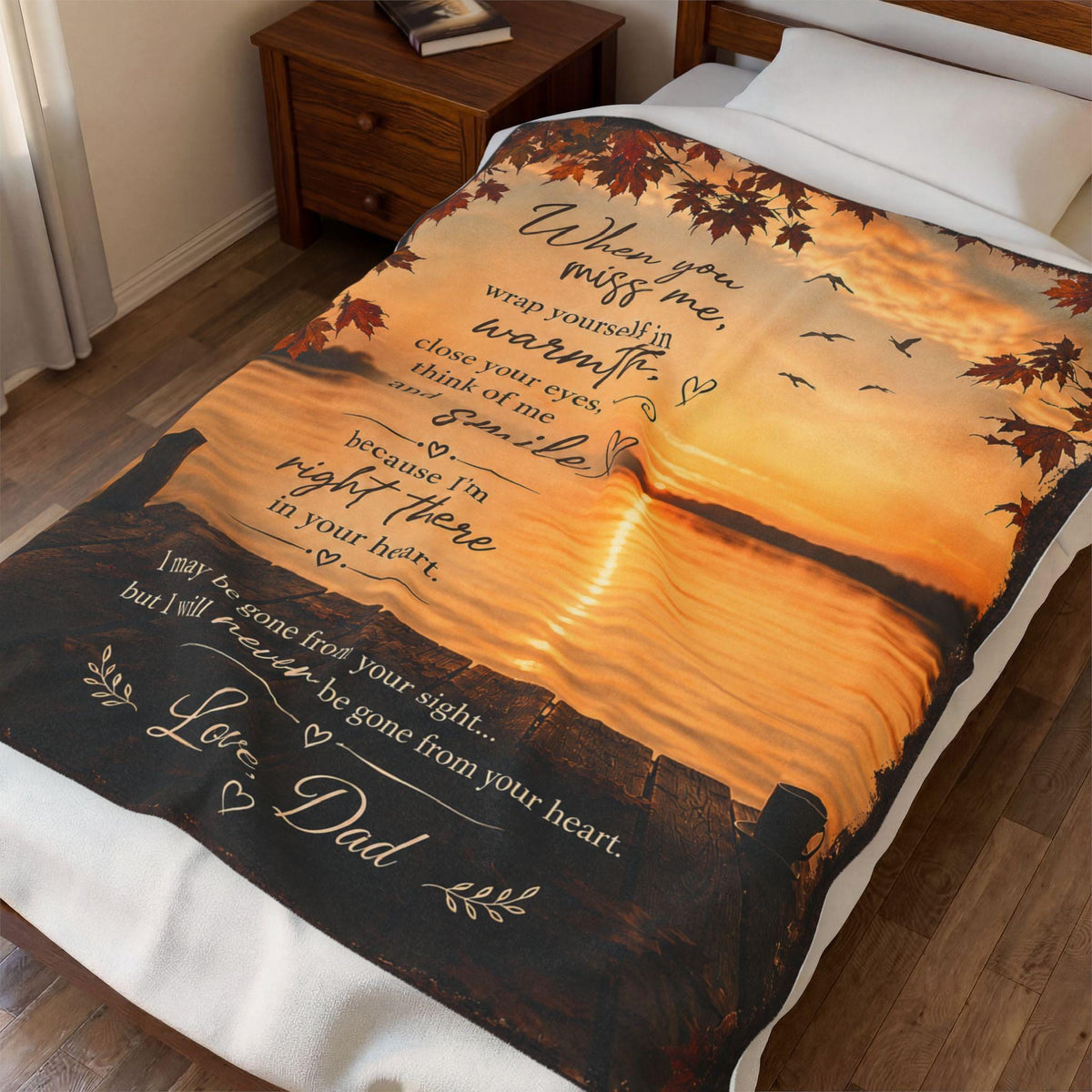 When you miss me wrap yourself in warmth, Velveteen Plush Blanket | Sunset Lake Memorial