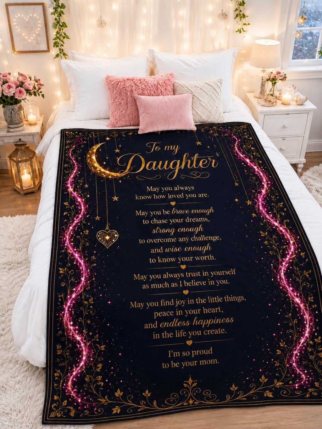 To My Daughter Poem Blanket | Velveteen Plush Throw, Moon and Heart Keepsake