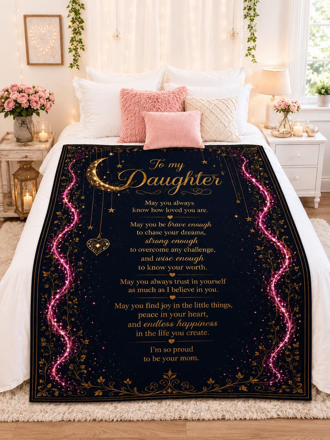 To My Daughter Poem Blanket | Velveteen Plush Throw, Moon and Heart Keepsake
