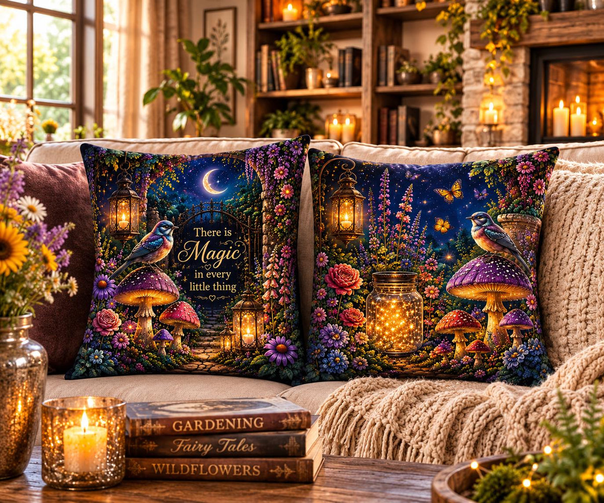 There Is Magic Nature Pillow | Bird Mushroom Quote Throw Pillow