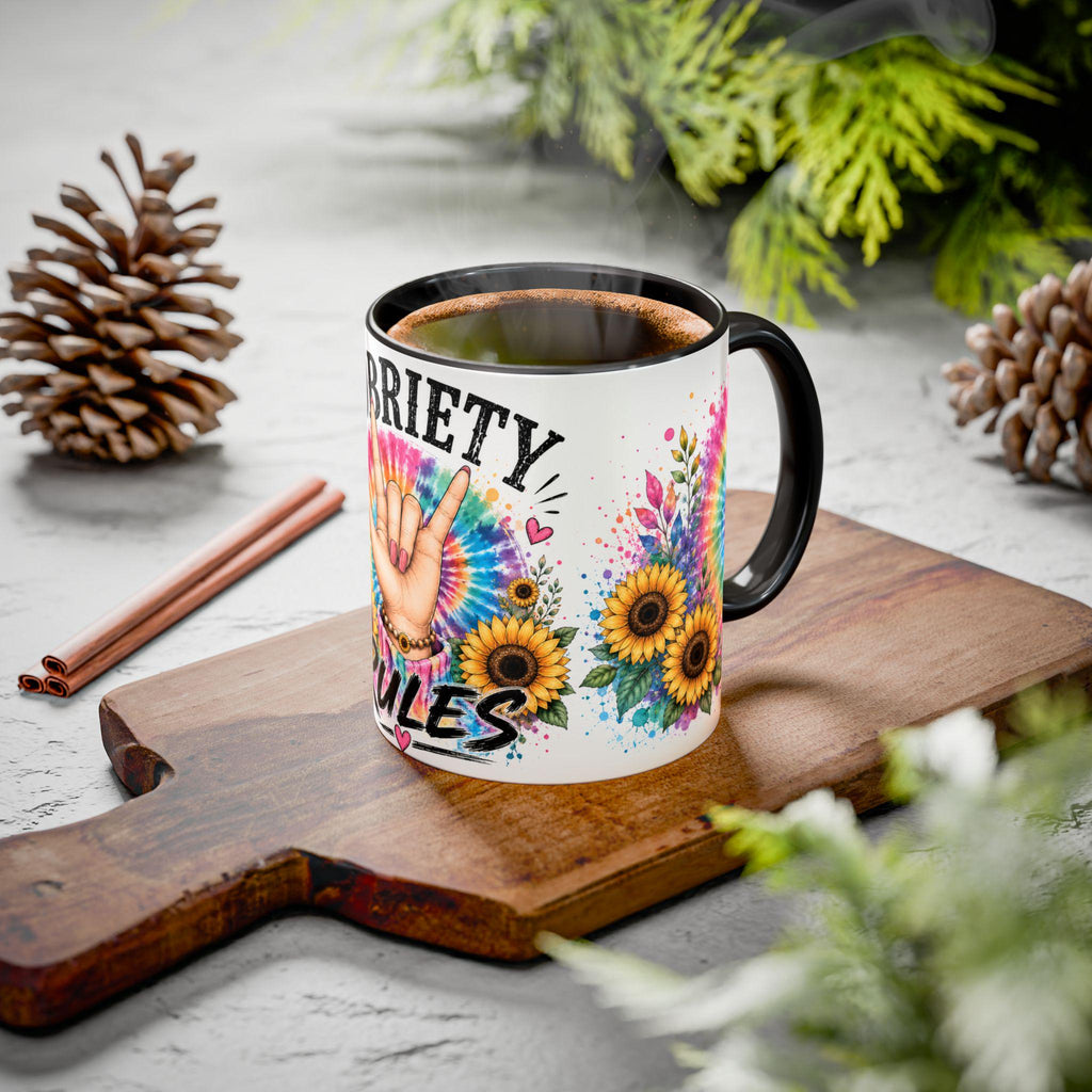 Sobriety Rules Mug | Tie Dye Sunflowers, Hand Sign Coffee Cup