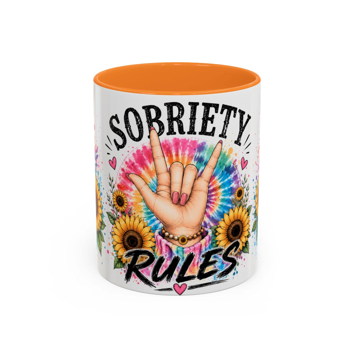 Sobriety Rules Mug | Tie Dye Sunflowers, Hand Sign Coffee Cup