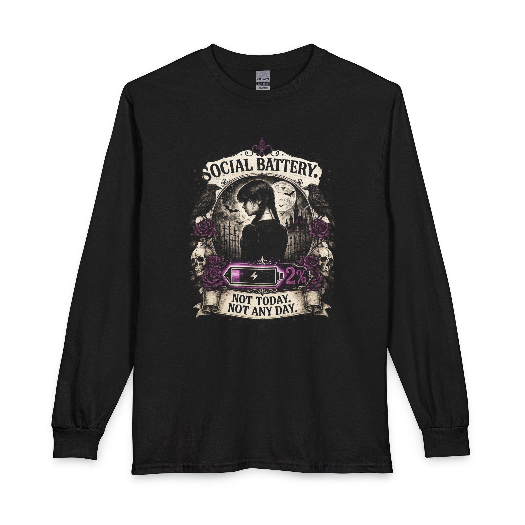 Social Battery Skull graphic Long Sleeve Shirt | Not Today, Not Any Day