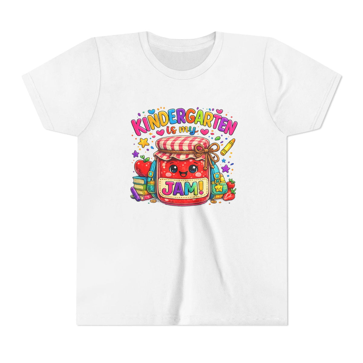 Youth Tee: Kindergarten Is My Jam | Back-to-School Jam Jar, Apple, Crayons