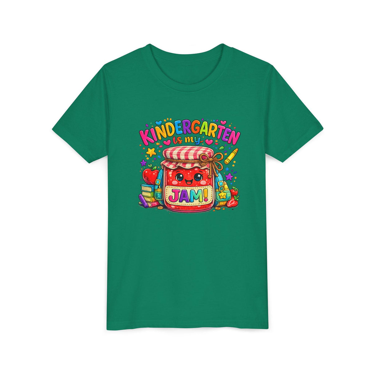 Youth Tee: Kindergarten Is My Jam | Back-to-School Jam Jar, Apple, Crayons