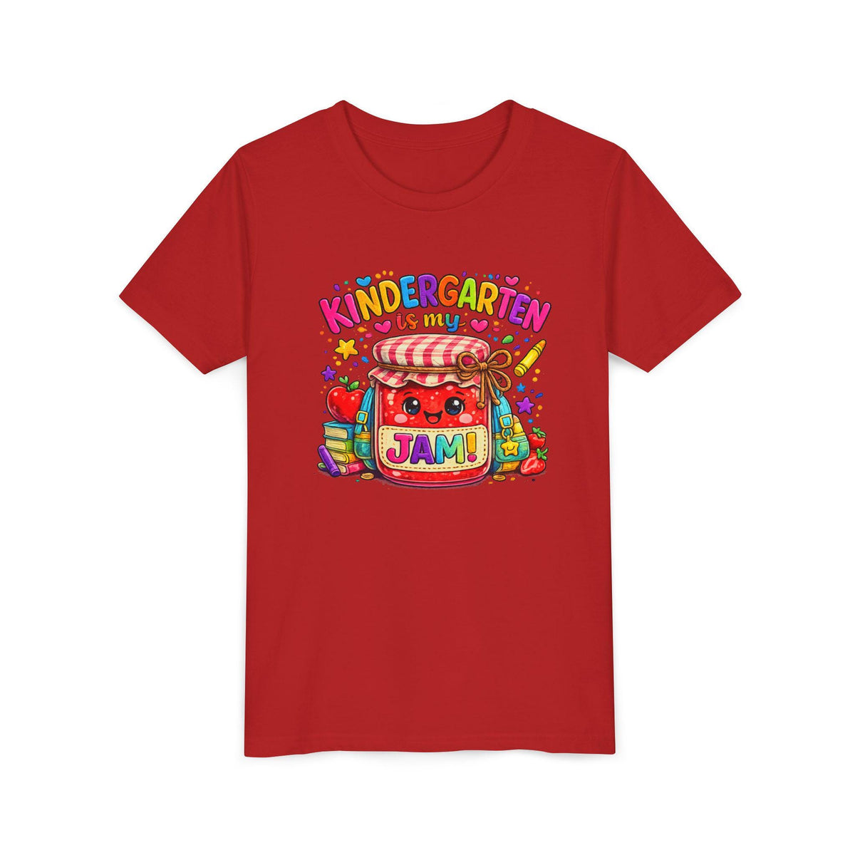 Youth Tee: Kindergarten Is My Jam | Back-to-School Jam Jar, Apple, Crayons