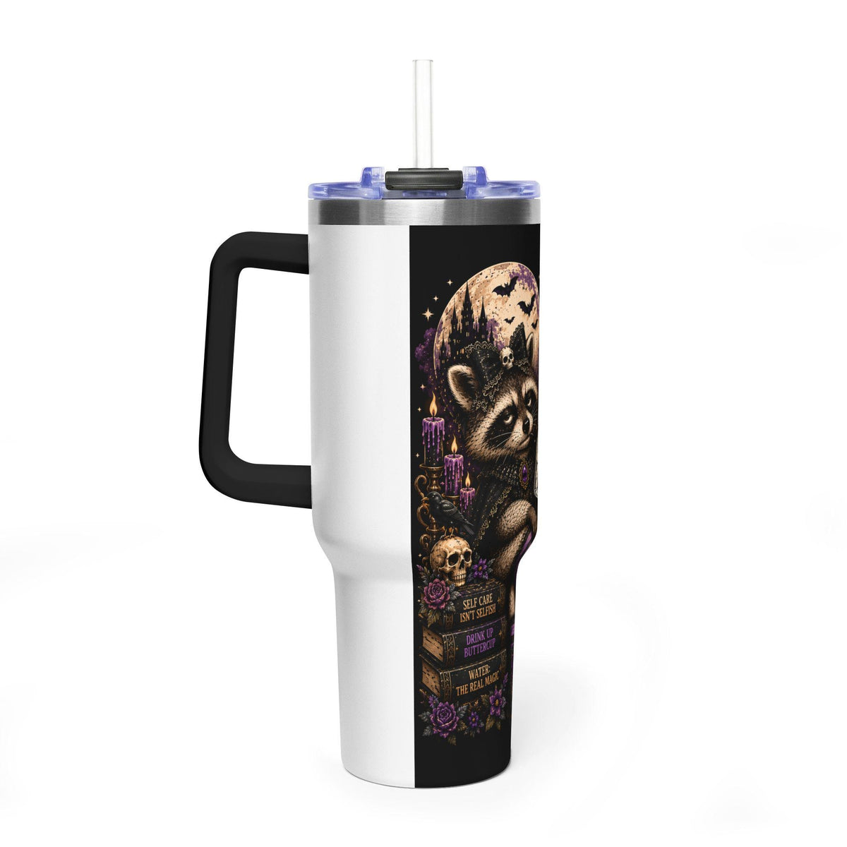 Hydrate Dont Diedrate Raccoon 40oz Tumbler | Halloween Moon, Candles