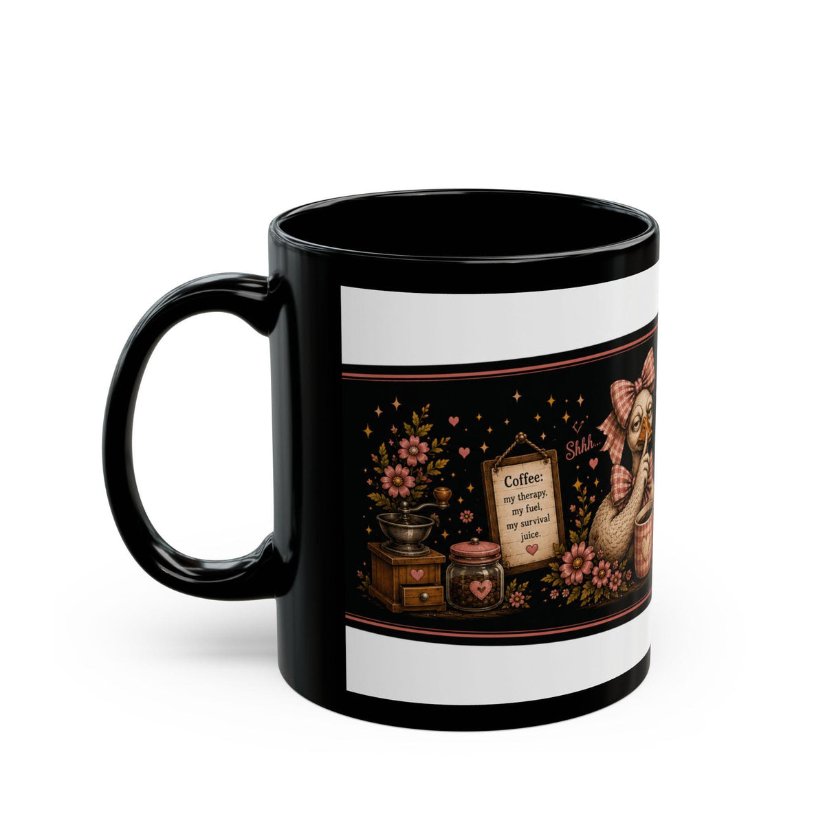 Grumpy Duck with Coffee mug | Shhh Let the Caffeine Kick First black mug